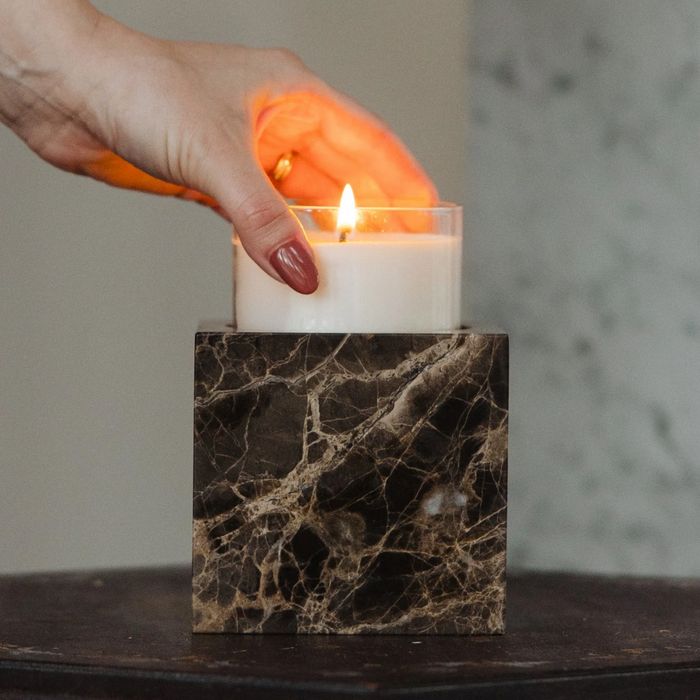 Square Stone Candle Vessel | Brown Emperador Marble